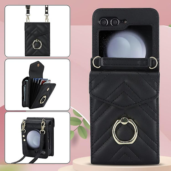 Til Samsung Galaxy Z Flip5 V-formet RFID Kortlomme Mobiltelefonetui Med Ringholder Black