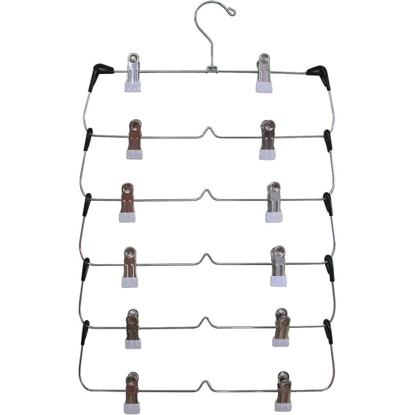 6 Tier Trouser Rack With Clips - Chrome Metal Strong And Durable - Space Saving - Multi Hangers With Adjustable Non-slip Clip For Pants, Skirts, Slack