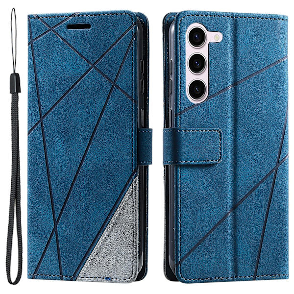 For Samsung Galaxy S23 Etui Imprinted Lines Lærdeksel med Lommebok Stativ Blue