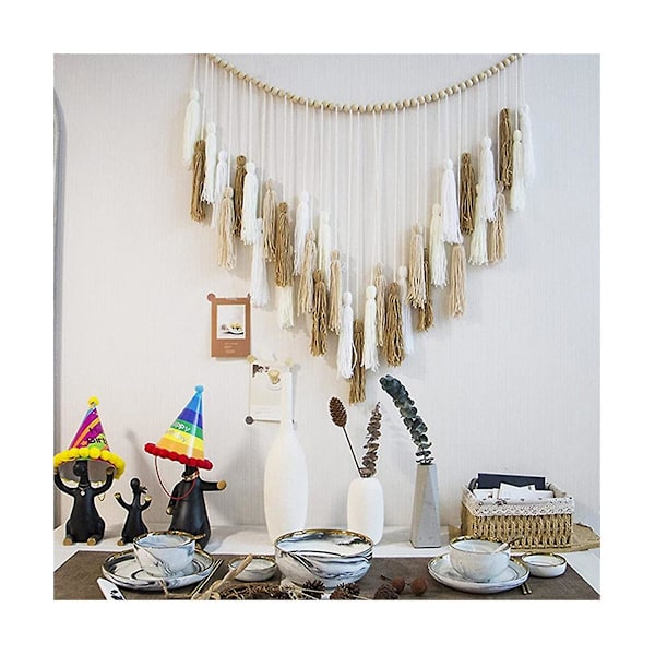 Makrame veggdekor 39x43in Boho vevd veggteppe Hvit Beige Khaki Macromay veggdekor med