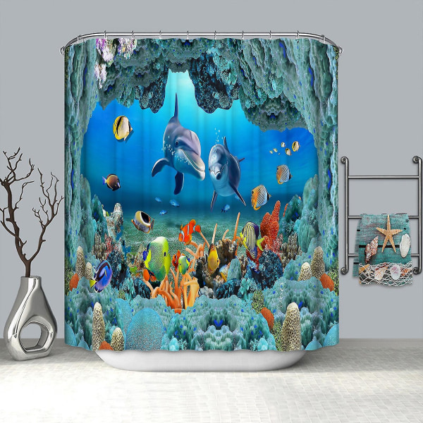 Ocean Shower Curtain Blue Dolphin Polyester Thick Printed Shower Curtain With Hooks For Bathroom