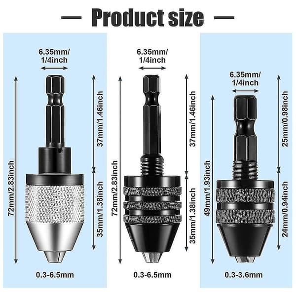 3 st Keyless Borrchuck 1/4 tum Hexskaft Keyless Borrchuck Konverter Borr Adapter för Slagborr
