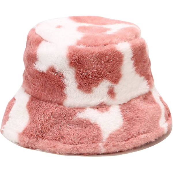 Vinterfårfällhatt i hinkmodell, fluffig varm hatt för kvinnor och män, ko-print rosa