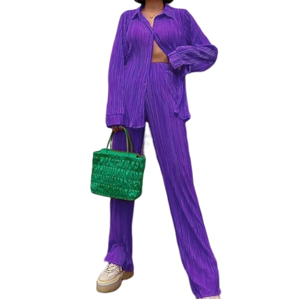 Kvinders Casual Outfits Sæt Højtaljede plisserede bukser Sæt til Go Shopping Wear Purple M