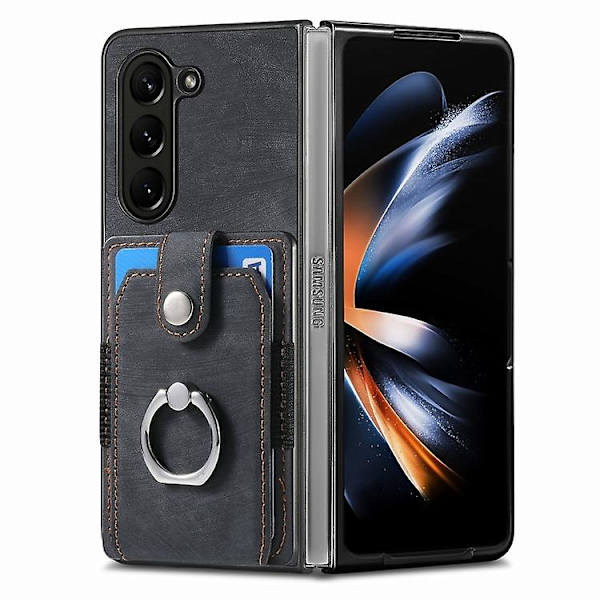 Til Samsung Galaxy Z Fold5 5g Retro Skin-feel Ring Multi-kort Tegnebog Mobiltelefon Cover Black