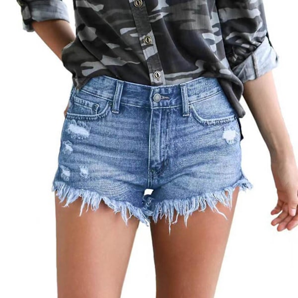 Dame Denim Shorts Mid Waist Ripped Raw Hem Jeans Shorts Til Sommer Light Blue XL