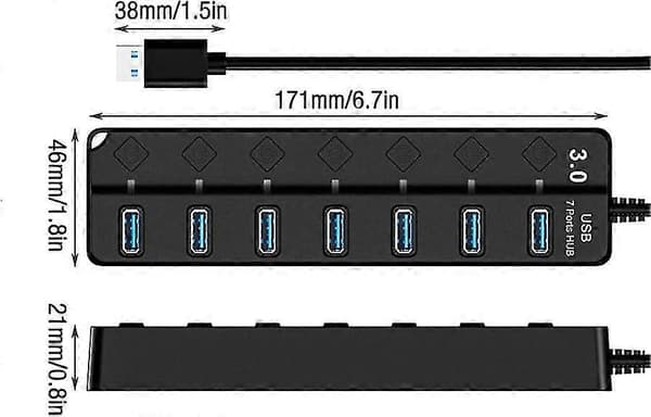 USB 3.0 Hub - Multi 7 Ports USB Strømskinne med Uafhængig Afbryder