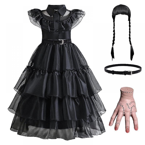 Barn Flickor Onsdag Addams Familjen Kostym Halloween Klänning Födelsedagsfest Klänning Bälte Peruk Hand Dress Belt Wig Hand 140cm