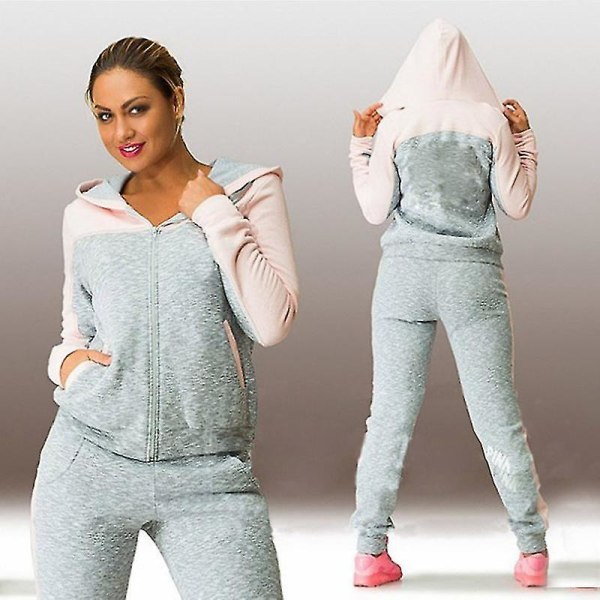 Women Colorblock Tracksuit Set Fitness Hoodie Pants Jogging Gym Sports Casual Sportswear Pink Grey L