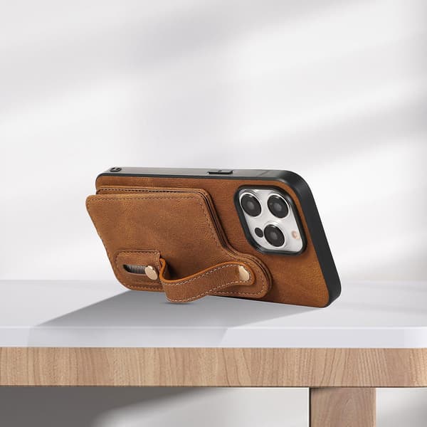 Fodral för Iphone 14 Pro Max med stativ och kortfack i TPU+läder Brown