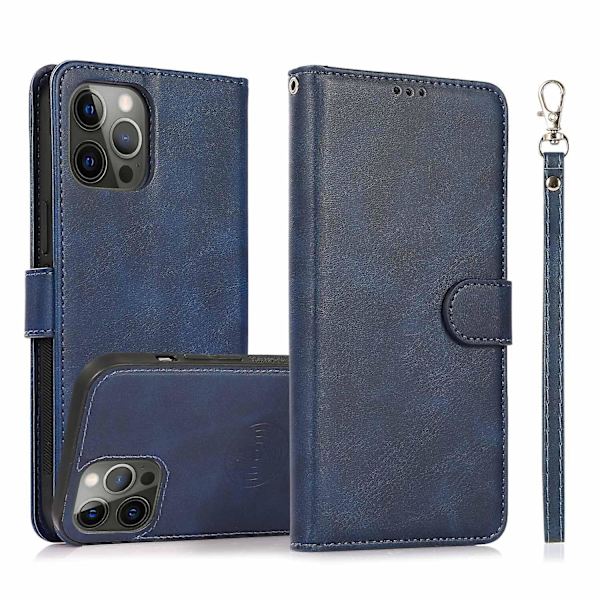 För iPhone 15 PU Läder Plånbok Telefonfodral Stativ 2-i-1 Avtagbart Magnetiskt Fodral med Rem Blue