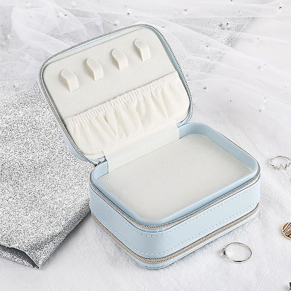 Smykkeæsker med 2 lynlåse, lille rejse smykkeskrin med spejl, gave til kvinder og pigers ringe, øreringe, halskæde arrangør smykker opbevaring Light blue
