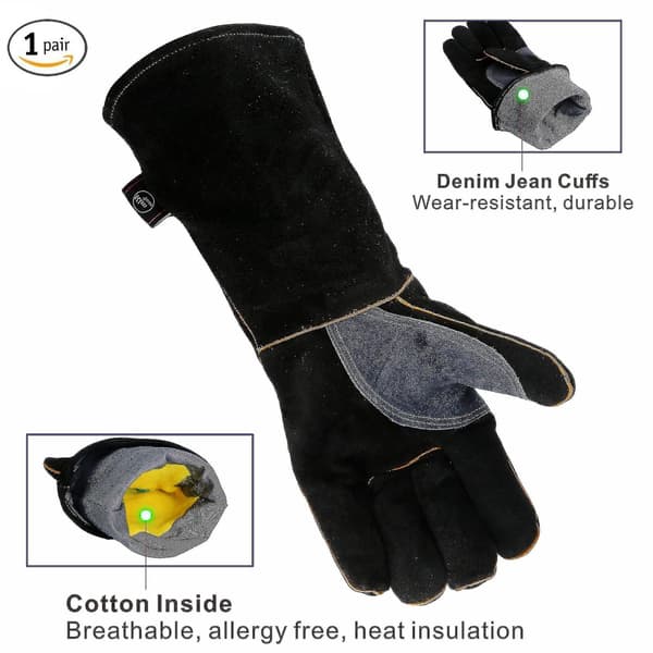 Extremt Värme- och Eldfasta Handskar i Läder med Kevlar-Sömmar för Eldstad, Spis, Ugn, Grill, Svetsning, BBQ