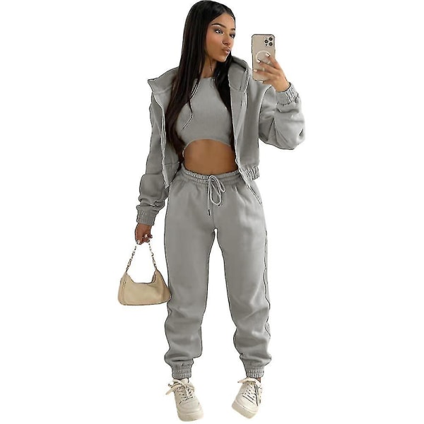 Women's 3 Piece Padded Hooded Sweatshirt Sports Casual Outfit Tracksuit Set Grey S