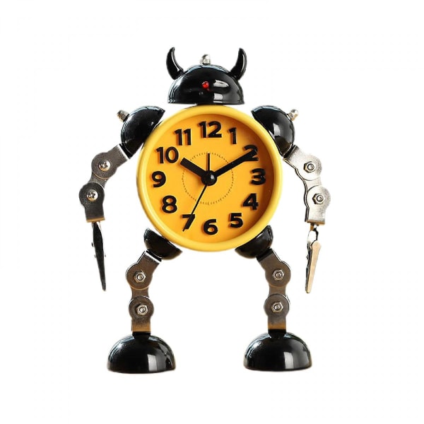 Non-ticking Robot Alarm Clock Stainless Metal Wake-up Clock With Flashing Eye Lights And Hand Clip (yellow)
