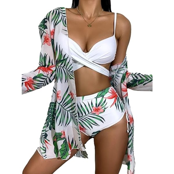 Women's Tropical Floral High Waist Beach Kimono Wrap Swimsuit 3 Piece Swimsuit Padded Bikini Bathing Suit Set Green Pink Floral L