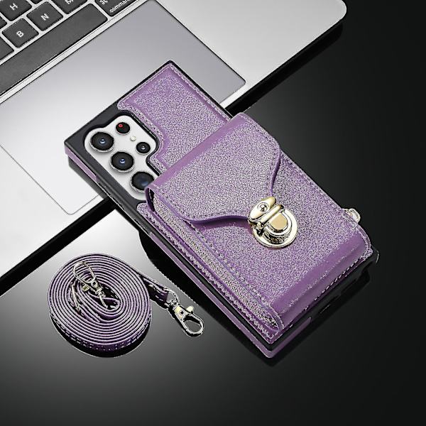 Til Samsung Galaxy S24 Ultra lynlås pung etui, kortholder lædercover med crossbody snor til kvinder Purple
