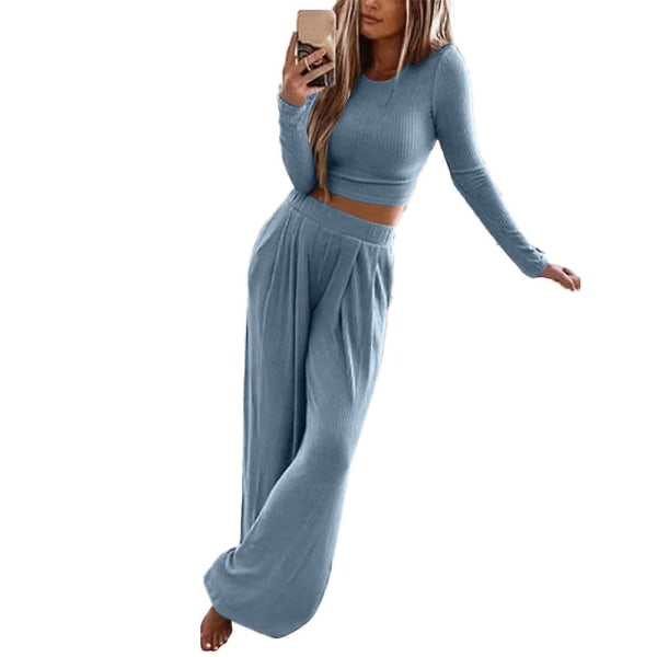 Kvinder ensfarvet langærmet afslappet outfit Strikkede toppe Bukser 2-delt strik Buksersæt med brede ben Loungewear Plus Size Blue 2XL