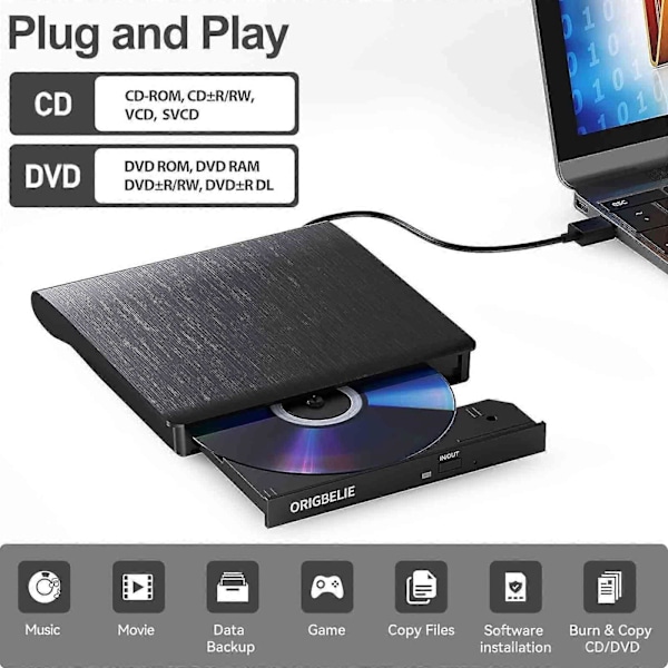 Ekstern CD/DVD-drev til bærbar computer, USB 2.0 Ekstern DVD-drev Bærbar DVD-afspiller Black
