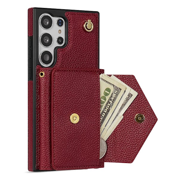 Fodral för Samsung Galaxy S24 Ultra med kortfack i läder + TPU-skydd med axelrem Wine Red