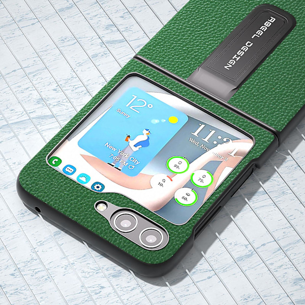 För Samsung Galaxy Z Flip5 5g Kickstand Telefonfodral Äkta Kohudläder+pc Litchi Textur Fodral Green