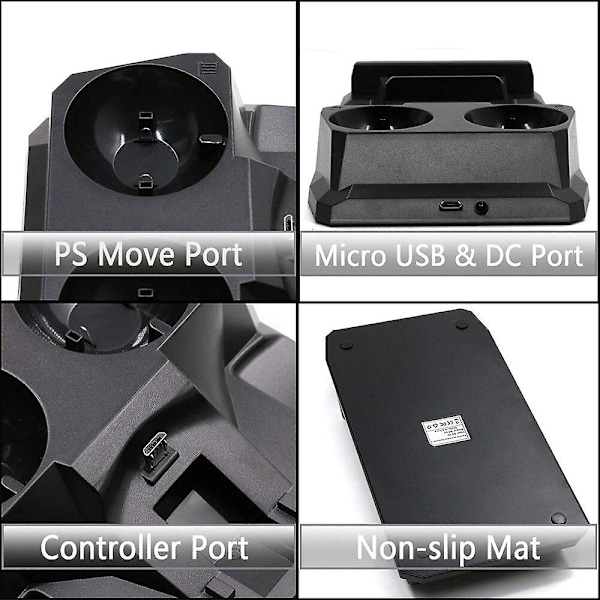 4-i-1 USB-laddningsdocka med LED-lampa, dubbel laddningsdockningsstation för Playstation för PS4 Move för PS4 VR-kontrollerhållare A