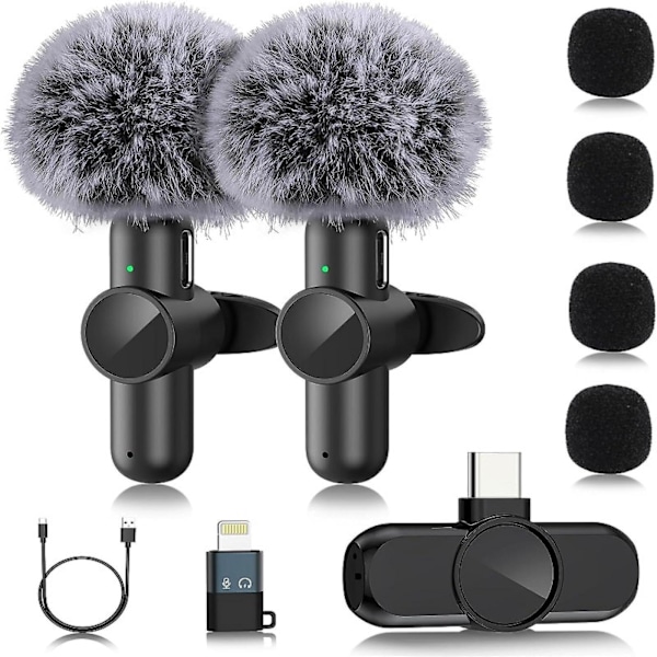 2-pack trådlös lavaliermikrofon, plug and play professionell mini trådlös lavaliermikrofon, trådlös mikrofon för vloggning live-sändning A