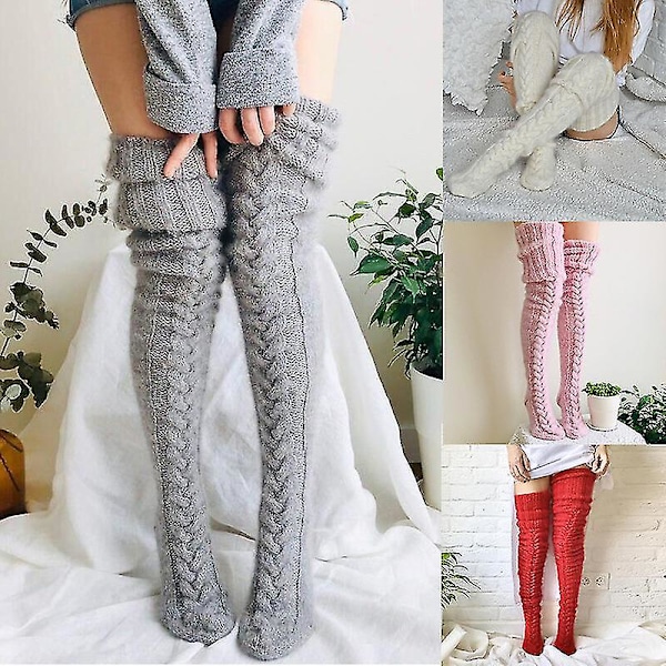 Mohair Kabelstrikket Strømper Kvinder Vinter Leggings Varme Grå Pink Over Knæ Sokker Damer Hjem Tykke Strømper 2023 Ny red