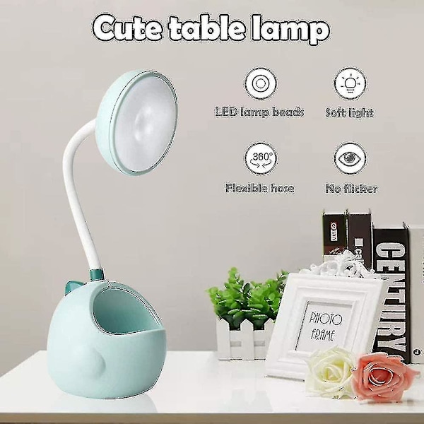 Søt tegneserie-dinosaur bordlampe med USB-ladeport og penneholder, grønn