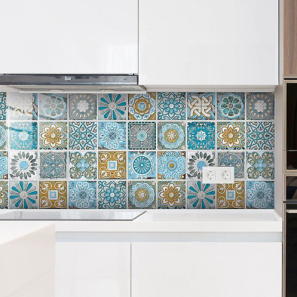Laattatarrat kylpyhuoneeseen ja keittiöön, 24 kpl seinätarrat liimautuva laattamosaiikki koristeellinen sementtilaattatarra seiniin laattojen sisustukseen (10x10)
