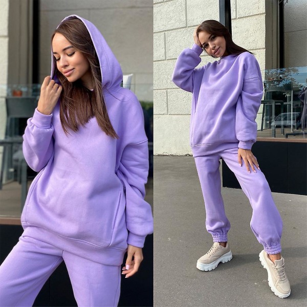 Ensfarvet træningsdragt sæt til kvinder Løse hættetrøjer Sweatshirt med hætte + snøre joggingbukser Casual outfits Loungewear Purple L