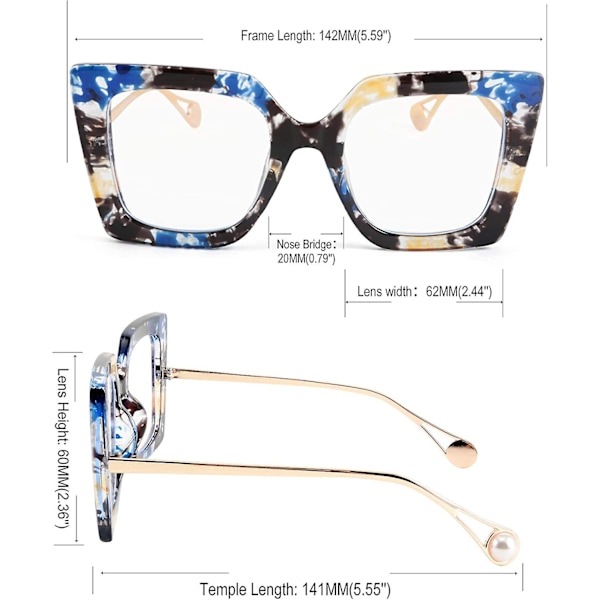 Heytea Oversized Square Blålys Blokkerende Briller Øyestress Glare Pearl Inlay Arm Cat Eye Fashion Eyewear B2639