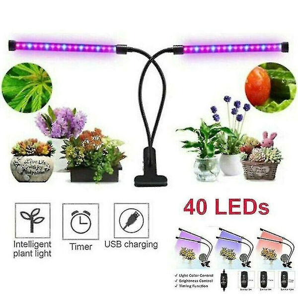 40 LED-lampor för att främja växttillväxt, 2-huvud växtlampa, belyser växter, hydroponisk