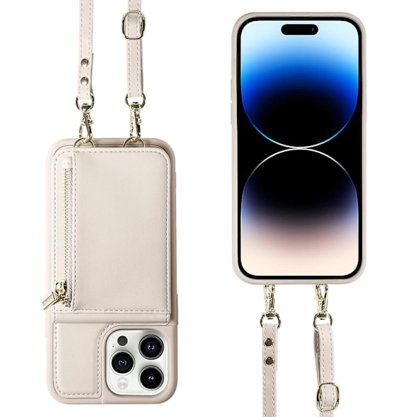 Iphone 15 Pro -kotelo, pudotussuoja, Pu+tpu-jalusta, vetoketjullinen lompakkokotelo Beige