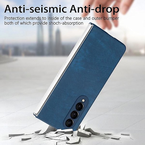 Skyddande Skal för Samsung Galaxy Z Fold4 med Integrerad Film, Retro Skin-Känsla, Vikbart Läder Blue