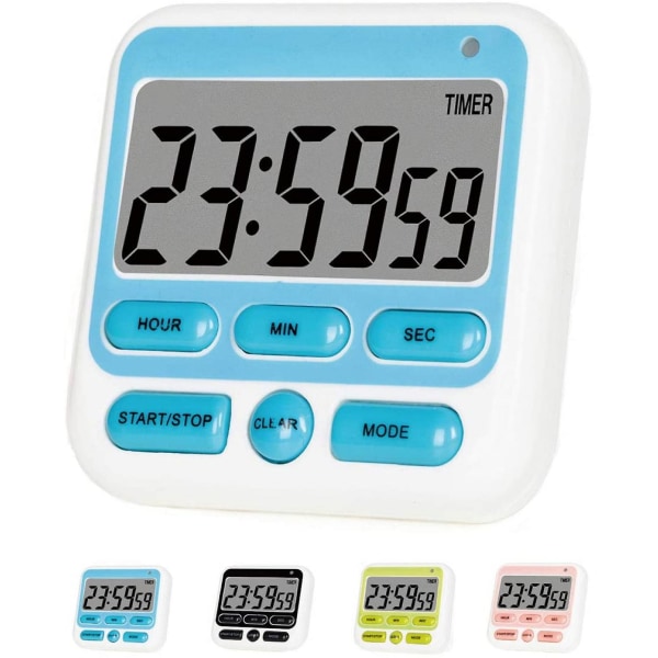 Digital køkkentimer, tænd/sluk-knap, 12/24-timers ur og lydløse timere, stort lcd-display, høj alarm og stærk magnet (blå)