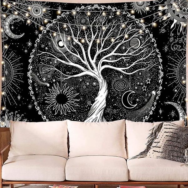 Mustavalkoinen Starry Tree Of Life Tapestry Esteettinen seinälle ripustettava kuvakudos kodin sisustus makuuhuoneeseen olohuoneeseen (elämän puu, M/130 x 150 cm)