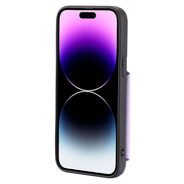 For iPhone 15 RFID-blokkerende PU-lær + TPU-telefondeksel lommebokdeksel kortholder med håndleddsstropp Purple