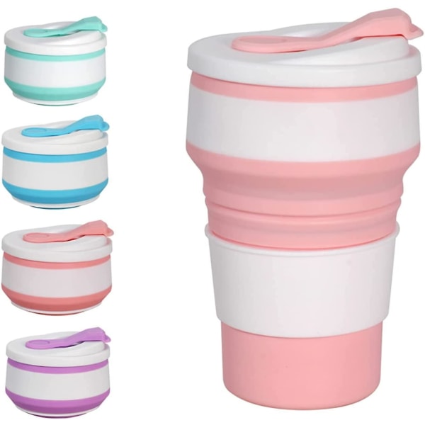 Sammenklappelig silikone rejsekop, 12 oz silikone kop med låg, genanvendelig sammenfoldelig kaffekop, skoldningssikker og lækagesikker campingkrus til udendørs/kontor Pink