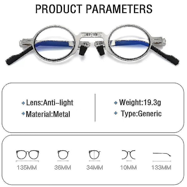 Taitettavat lukulasit miehille, metalliset pyöreät ja neliömäiset sinivaloa suodattavat silmälasit, presbyopia-silmälasikehykset, dioptriat +1,0 - +4,0 silber rund 250