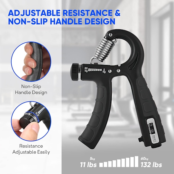 Håndgrepstrener - Håndgrepsforsterkere Justerbar motstand 10-132lbs Underarmstrener med teller, Håndtrener, Bærbar underarmstrening 1pcs