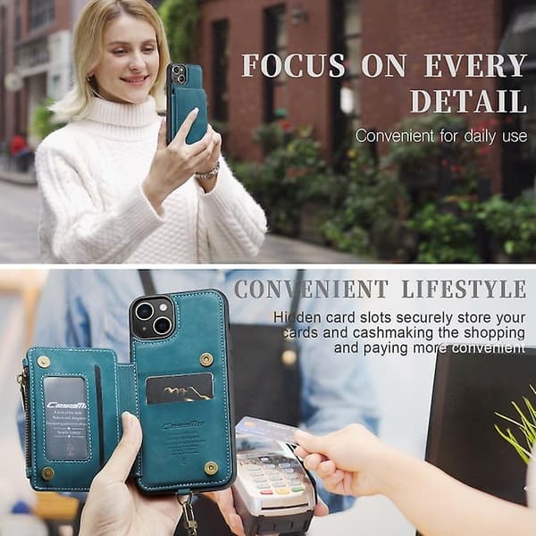 Caseme C20 Multifunktionel RFID Læder Mobiltelefonetui til iPhone 15 Blue 15 Pro Max