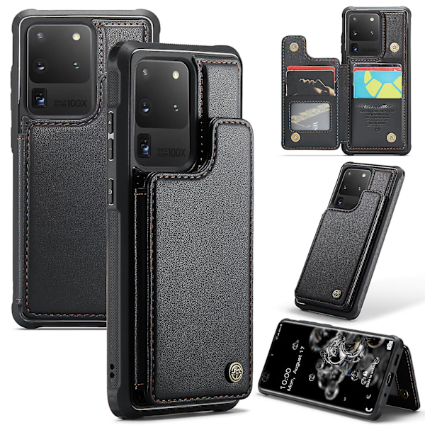 CASEME C22-serie for Samsung Galaxy S20 Ultra-deksel i skinn+TPU med 5 kortspor Black