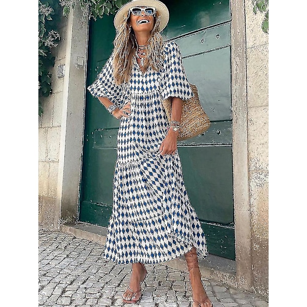 Sommer Kjole med Puffærmer Lang Dame Løstsiddende Boho Blomsterkjole Mode Ferie Strand Vintage Kjole Elegant Geometrisk Print Vestido Light Green XL