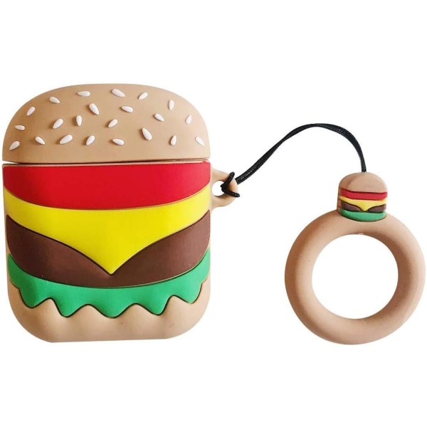 Super Cute Burger AirPods Case, 3D Cartoon Soft Silicone Protective Mini Bag Cute Creative Airpods 1 & 2 Stand Cover with Finger Loop Burger Airpods 1 & 2