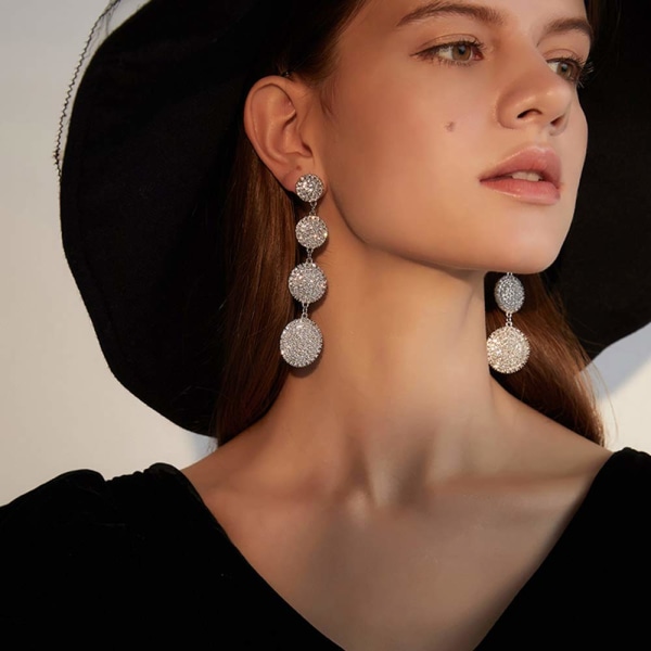 Fashion Women Silver Rhinestone Circle Earrings Long Chain Drop Earrings Jewelry
