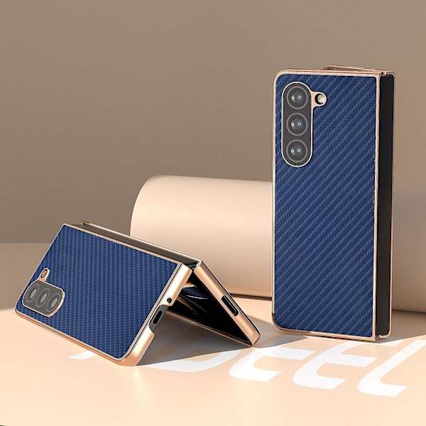 Elektropletning kulfiber tekstur PU læderbelagt PC telefoncover til Samsung Galaxy Z Fold5 5g Dark Blue