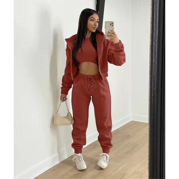 Women's 3 Piece Padded Hooded Sweatshirt Sports Casual Outfit Tracksuit Set Burgundy L