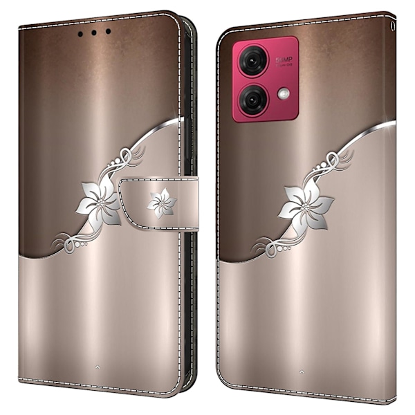 For Motorola Moto G84 5g Lærveske Trykt 3d Mønster Stativ Støtsikkert Telefondeksel Silver Flower