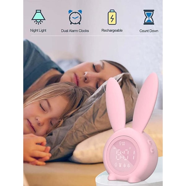 Rabbit Children's Alarm Clock - With Dimmable Wakeup Clock, Rechargeable - Suitable For Children's Bedroom - Pink